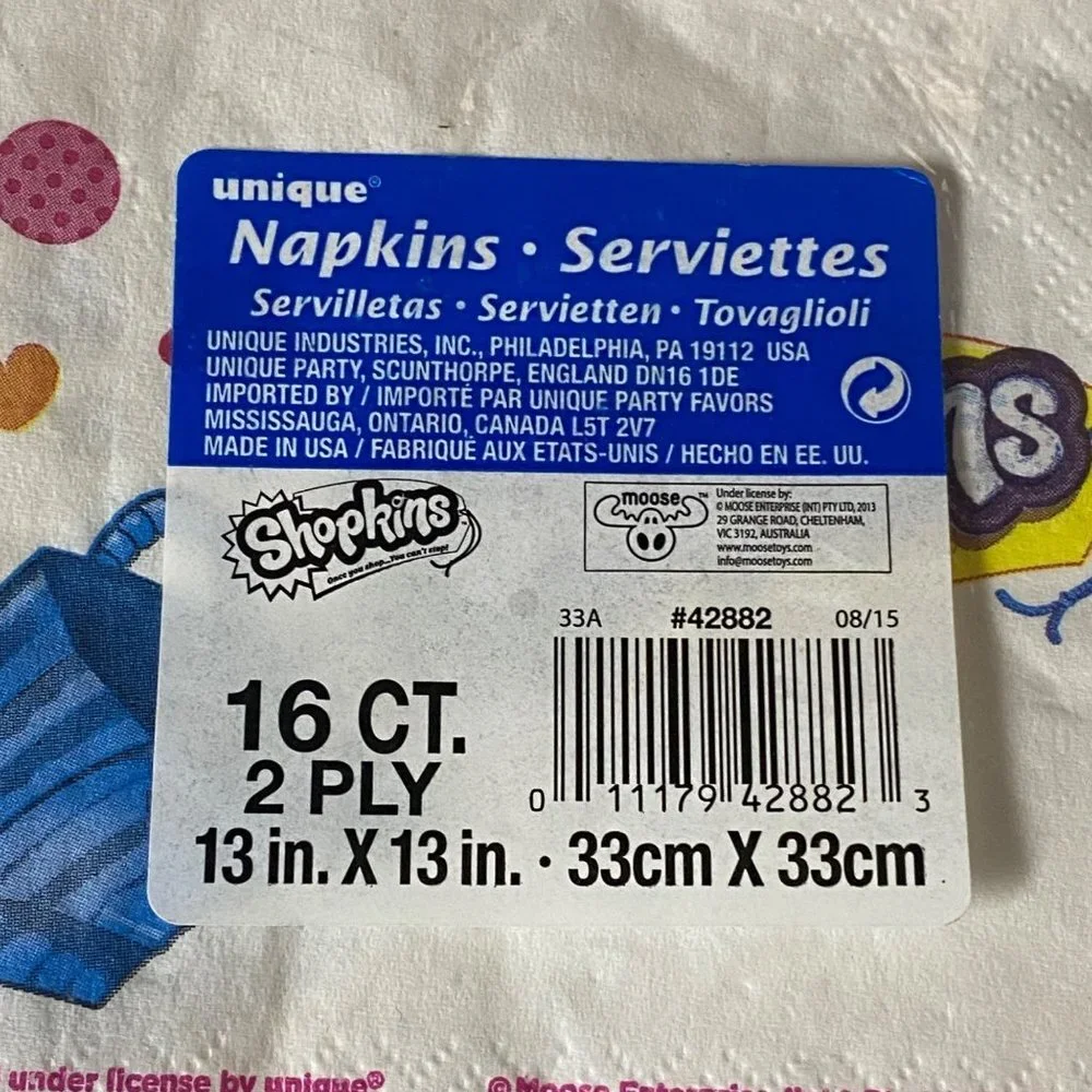 NEW Shopkins Kooky Cookie Poppy Corn‎ Cupcake Chic 13”x13” Pack of 16 Napkins